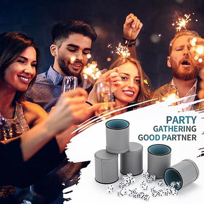 5 Pack PU Leather Dice Cups Velvet Felt-Lined Shaker Cups with 30 Dot Dice for Bar Party Yahtzee Farkle Dice Games, Grey - color: Grey