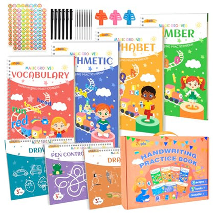 Magic Grooved Writing Practice for Kids Ages 3-8, Reusable Workbooks | Handwriting for Preschool Learning, Letters Numbers Math & Drawing Tracing Books with Disappearing Ink Pens, Educational Gift