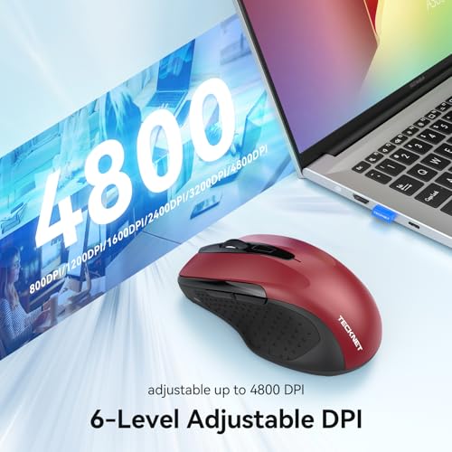 TECKNET Rechargeable Jiggler Wireless Mouse, Dual-Mode Connectivity, Red | Silent USB A & Bluetooth Mouse, 6 Adjustable DPI, 6 Buttons, Ergonomic Design, Long Battery Life, Multi-Device Compatibility - color: Red