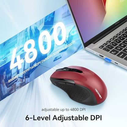 TECKNET Rechargeable Jiggler Wireless Mouse, Dual-Mode Connectivity, Red | Silent USB A & Bluetooth Mouse, 6 Adjustable DPI, 6 Buttons, Ergonomic Design, Long Battery Life, Multi-Device Compatibility - color: Red