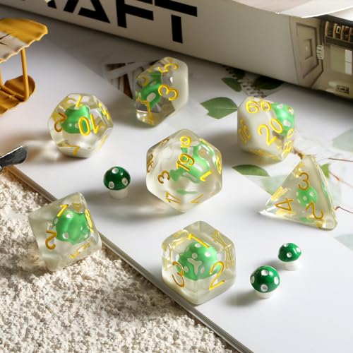 Mushrooms D&D Dice, DNDND 7PCS Resin DND Dice with Velvet Bag for Dungeons and Dragons Role Playing Games and Tabletop Games（Green Mushrooms - color: Mushroom Green