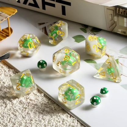 Mushrooms D&D Dice, DNDND 7PCS Resin DND Dice with Velvet Bag for Dungeons and Dragons Role Playing Games and Tabletop Games（Green Mushrooms - color: Mushroom Green