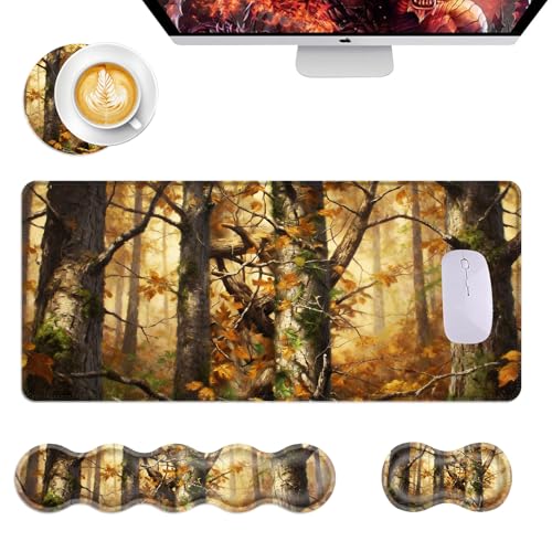 Mouse Pad,Large Desk Mat Set, 4in1 XL Mousepad + Keyboard Wrist Rest+Mouse Wrist Rest+Coaster with Ergonomic Desk Pad for Home Office Table Computer Cover -Forest Camouflage - color: Forest Camouflage