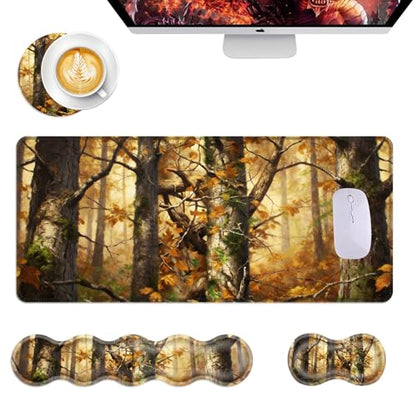 Mouse Pad,Large Desk Mat Set, 4in1 XL Mousepad + Keyboard Wrist Rest+Mouse Wrist Rest+Coaster with Ergonomic Desk Pad for Home Office Table Computer Cover -Forest Camouflage - color: Forest Camouflage