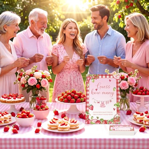 Strawberry Sweet Guess How Many Baby Shower Game Pack of 1 Tabletop Sign with Stand and 50 How Many Cards, Berry Sweet Gender Reveal Party Game Decorations - style: Strawberry