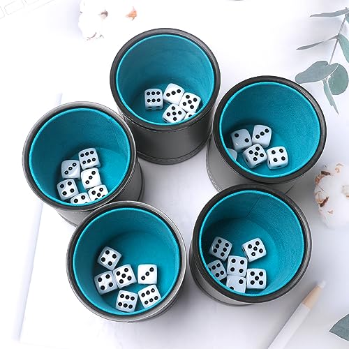 5 Pack PU Leather Dice Cups Felt Lining Quiet Shaker with 30 Dot Dice for Bar Party Yahtzee Farkle Dice Games, Grey - color: Grey