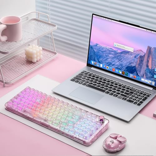 YUNZII X98 Clear Wireless Mechanical Keyboard with Knob (Pink, Snow Switch) | BT5.0/USB-C/2.4GHz,1800 Layout with Number Pad,Pre-lubed Switches Gasket Mount ,Clear Keyboard with RGB for Wins/Mac/Gaming - color: Pink, size: Snow Switch
