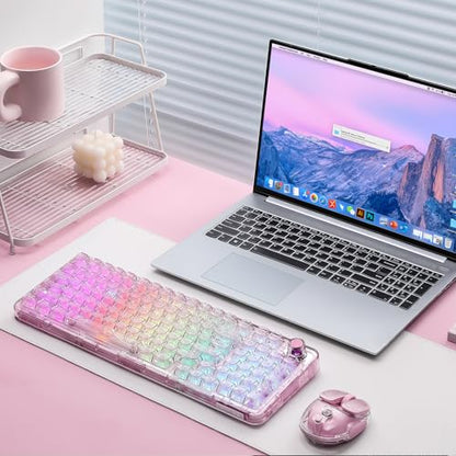 YUNZII X98 Clear Wireless Mechanical Keyboard with Knob (Pink, Snow Switch) | BT5.0/USB-C/2.4GHz,1800 Layout with Number Pad,Pre-lubed Switches Gasket Mount ,Clear Keyboard with RGB for Wins/Mac/Gaming - color: Pink, size: Snow Switch