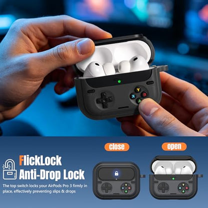 Getino Retro Game Case for AirPods Pro 3 | Game Console Design Protective Cover with Foldable Stand, Secure Lock Anti-Drop Shockproof PC+TPU Case, Keychain & Cleaning Kit for Men & Boys, Black - color: Black