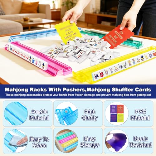 Deluxe American Mahjong Tile Set, 166 Unique Designer Tiles, White | Complete game kit with 4 pcs shuffler cards, 4 all-in-one racks/pushers and custom premium travel bag for family game night. - color: White