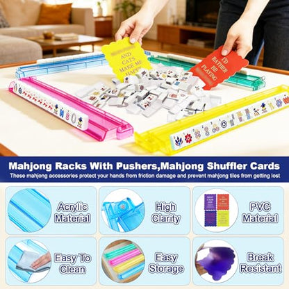 Deluxe American Mahjong Tile Set, 166 Unique Designer Tiles, White | Complete game kit with 4 pcs shuffler cards, 4 all-in-one racks/pushers and custom premium travel bag for family game night. - color: White