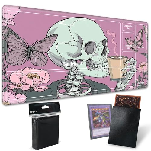 MTG Playmat with Zones, TCG Card Game Play Mat with Stitched Edges, Non-Slip Rubber Base Gaming Desk Mat, Smooth Surface 24 x 14 Inch, Goth Skull Pink - color: Goth Skull Pink, size: Zone 1