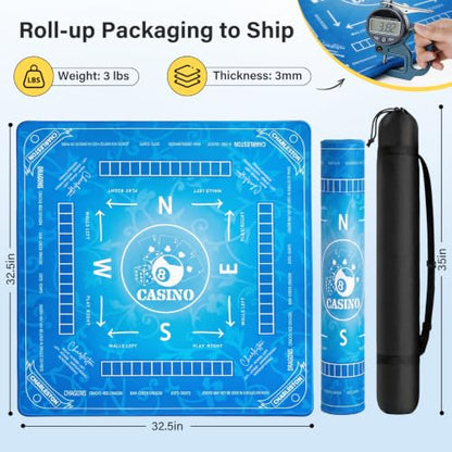 No Creases Mahjong Mat with Rules for Table 32.4''x32.4'', Rolled Shipping, Mah Jongg Mat with Carrying Bag for American Mahjong, Poker, Board Games, Card Games & Dominoes (Blue) - color: Bright Blue