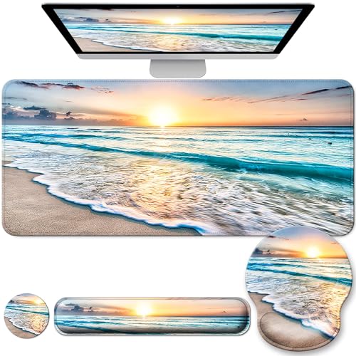 Desk Mat Set Keyboard and Mouse Pad with Wrist Rest Support | Ergonomic,Pain Relief, 4-in-1 Large Big Mousepad Computer Mats,Desk Pad Matt Mats for Desktop Home & Office - color: F-Blue Sunset Beach