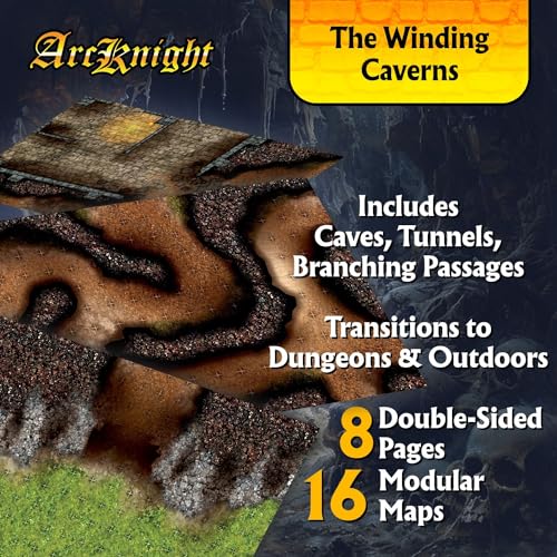 Arcknight The Winding Caverns Roleplaying Battlemaps; 16 Modular RPG Maps in 8 Double-Sided Pages, 1" Square Grid, Modular & Versatile Design for Tabletop Gaming - for Dungeons & Dragons & Pathfinder - style: Winding Caverns