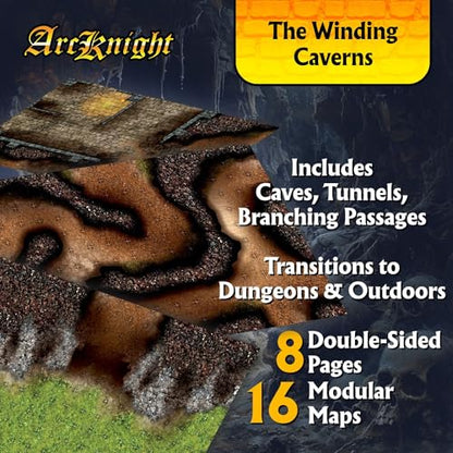 Arcknight The Winding Caverns Roleplaying Battlemaps; 16 Modular RPG Maps in 8 Double-Sided Pages, 1" Square Grid, Modular & Versatile Design for Tabletop Gaming - for Dungeons & Dragons & Pathfinder - style: Winding Caverns