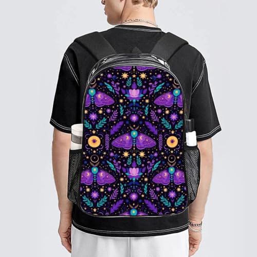 Reinforced Strap Clear See Through Backpack Concert Festival | Padded Adjustable Shoulder Strap, Goth Moon Moths, Stadium Approved Bookbag for College Men Women Festival - color: Pattern (322)