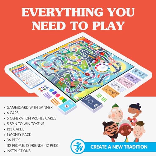 Joy for All Games - The Game of Life Generations - Generational Spaces - Bigger Easy-To-Read Action Cards - Friends & Family Game, Fun Multigenerational Board Game For Seniors, Kids, Teens, and Adults - style: The Game of Life Generations