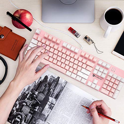 Merdia 104 Keys Full Size Mechanical Keyboard | Blue Switch, Pink & White Color 104 Keys US Layout Led Backlit Hot Swappable Wired Mechanical Light Up Pink Keyboard | Wired Gaming Computer Keyboards - color: Blue Switch Pink & White