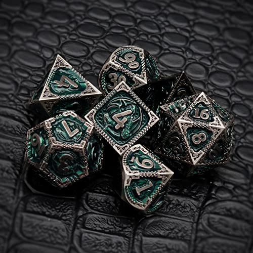 Haxtec DND Dice Set Metal D&D Dice Set with Leather Dice Bag Antique Iron Green Metal Polyhedral Dice Compatible with Dungeons and Dragons TTRPG Gifts - color: Iron Green