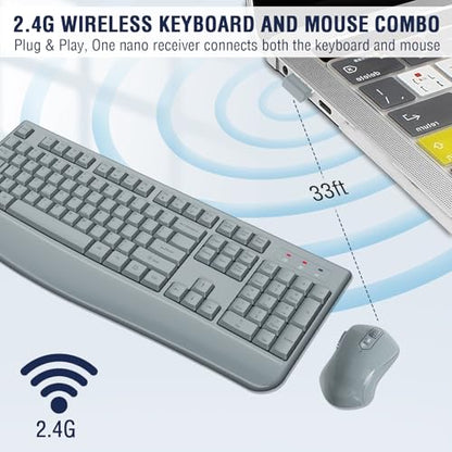 Wireless Keyboard and Mouse Combo, EDJO 2.4G Full-Sized Ergonomic Computer Keyboard with Wrist Rest and 3 Level DPI Adjustable Wireless Mouse for Windows, Mac OS Desktop/Laptop/PC(Grey) - color: Gray