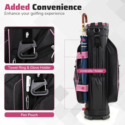 Goplus Lightweight Golf Cart Bag, Molded Lock Top Golf Club Bag w/14-Way Full Length Organizer Dividers, 11 Pockets, Cooler Bag, Straps, Umbrella Holder & Rain Hood for Men Women - color: Black+Pink