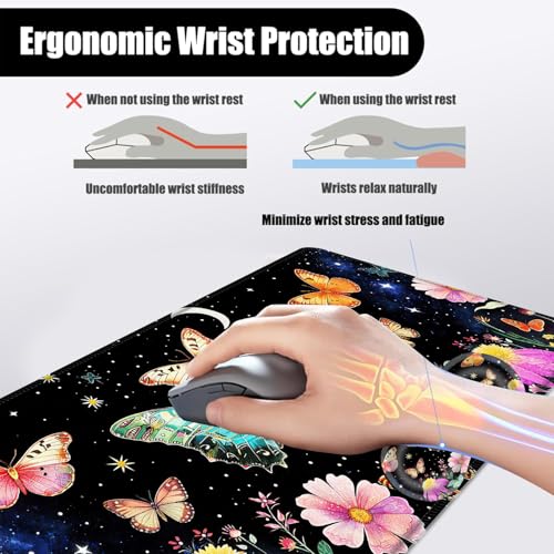 Mouse Pad,Large Desk Mat Set, 4in1 XL Mousepad + Keyboard Wrist Rest+Mouse Wrist Rest+Coaster with Ergonomic Desk Pad for Home Office Table Computer Cover -Butterfly Moon Flower - color: Butterfly Moon Flower