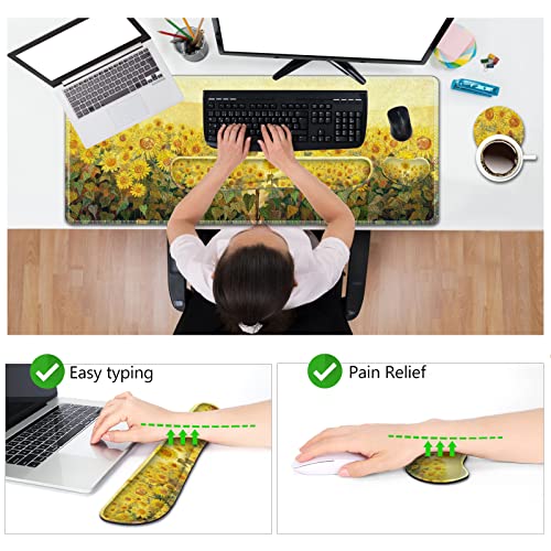 AIMSA Keyboard Mouse Pad Wrist Rest, Extended Gaming Mouse Pad +Wrist Support, Ergonomic Memory Foam,XXL Large Mousepad, 4Pcs (35×15.7 in) Desk Mat, Sunflower Oil Painting - color: Sunflower Oil Painting