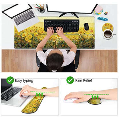AIMSA Keyboard Mouse Pad Wrist Rest, Extended Gaming Mouse Pad +Wrist Support, Ergonomic Memory Foam,XXL Large Mousepad, 4Pcs (35×15.7 in) Desk Mat, Sunflower Oil Painting - color: Sunflower Oil Painting