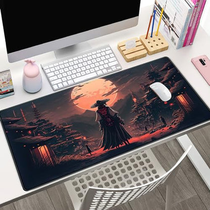 Japanese Landscape Desk Mat Post Moonlight Samurai Mouse Pad Large Dark Aesthetic Desk Pad Gaming Mousepad Extended XXL 31.5 x 15.7 in Laptop Computer Mouse Keyboard Mat - color: A Japan Samurai