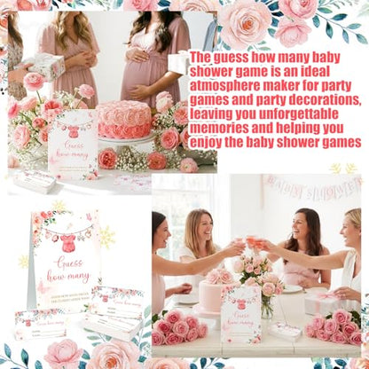 Floral Guess How Many Baby Shower Game Pack of 1 Tabletop Sign with Stand and 50 How Many Cards, Pink Clothes Gender Reveal Party Game Decoration - style: Floral