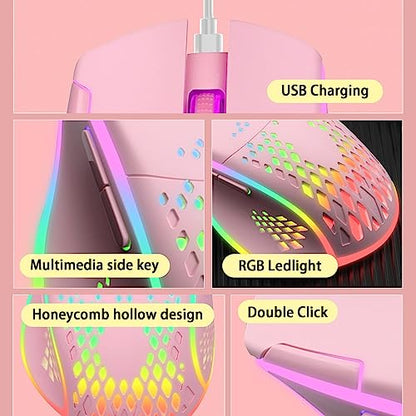 VEGCOO Wireless Gaming Mouse, C30 Silent Click Wireless Rechargeable Gaming Mouse with Double-Click Key and Colorful LED Lights, 3 Level Adjustable DPI for Gaming and Working (Pink) - color: Pink
