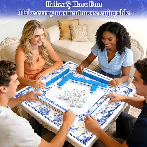 Blue Mahjong Mat with Rules, Mahjong Table Mat for Mahjong, 31.5x31.5 Inch | Mah Jong Mat with Non-Slip Base, Noise-Reducing, Mahjong Mat for Table Ideal for Mahjong, Poker, Dominoes - style: Blue & white porcelain