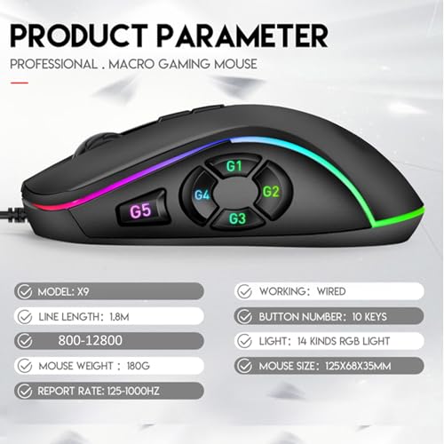 Zyyini RGB Gaming Mouse, 6 Adjustable 800-12800 DPI Wired Macro Mouse, 10 Programmable Buttons, 14 Lighting Effects, for PC Computer Game Office
