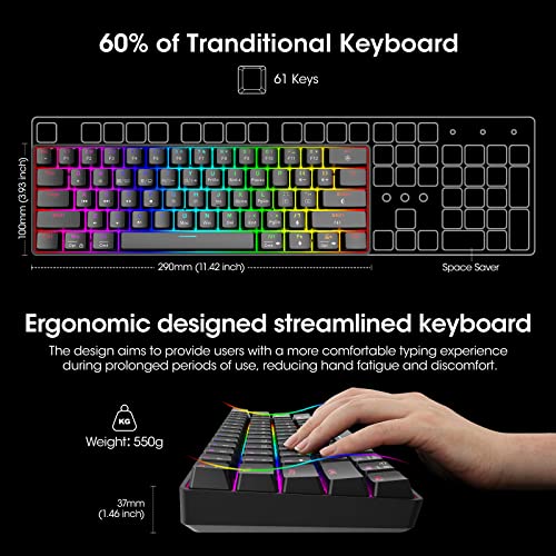 KOORUI 60% Gaming Keyboards, 61 Keys Wired Ultra-Compact Mechanical Keyboard 26 RGB Backlit with Red Switch Mini Keyboards for Windows MacOS Linux - color: Blue Switch