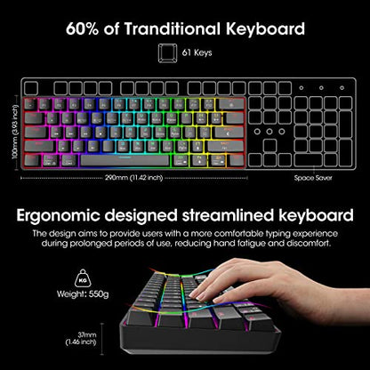KOORUI 60% Gaming Keyboards, 61 Keys Wired Ultra-Compact Mechanical Keyboard 26 RGB Backlit with Red Switch Mini Keyboards for Windows MacOS Linux - color: Blue Switch