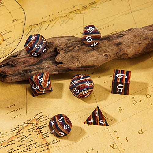 Wooden DND Dice Set Wood Polyhedral Dice Set D&D for Tabletop Games | Iron Box, DM Gift, for Dungeons and Dragons Role Playing Games - color: Yellow Striped