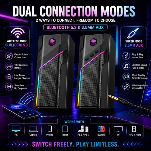 W-206RE RGB Gaming Speakers for PC, Bluetooth & USB Computer Speakers for Desktop PC, Touch Control Stereo Speakers for Monitor & Laptop with 21 LED Light Modes