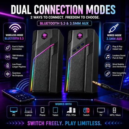 W-206RE RGB Gaming Speakers for PC, Bluetooth & USB Computer Speakers for Desktop PC, Touch Control Stereo Speakers for Monitor & Laptop with 21 LED Light Modes