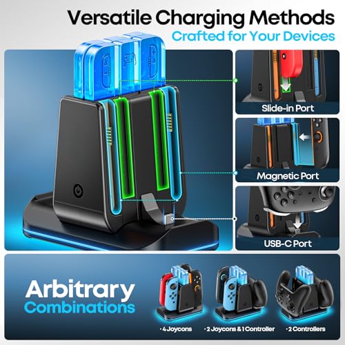 Switch 2/1 Compatible Controller Charging Dock, 6-in-1 Charger Station for 4 Joy-Cons & 2 Pro Controllers, 9 RGB Modes Fast Charging Stand for Switch 2 Accessories, with LED Indicator - size: L-Black-Switch 2/1 & Pro