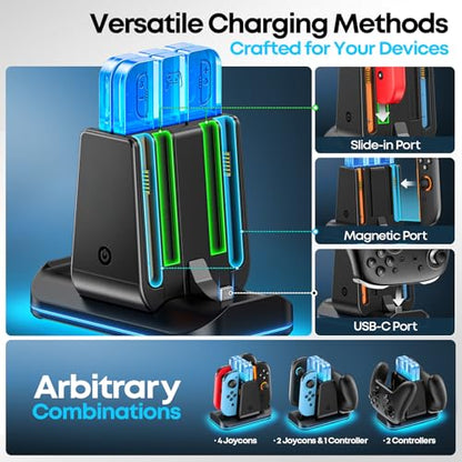 Switch 2/1 Compatible Controller Charging Dock, 6-in-1 Charger Station for 4 Joy-Cons & 2 Pro Controllers, 9 RGB Modes Fast Charging Stand for Switch 2 Accessories, with LED Indicator - size: L-Black-Switch 2/1 & Pro