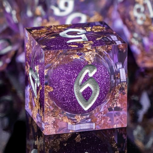 ARUOHHA Liquid Core DND Dice Set, 7pcs Resin Sharp Edged Dragons Dice RPG Role Playing Games, Silver Numbers Purple Dungeons Polyhedral Dice with Gift Box D20 D12 D10 D8 D6 D4 - color: Silver Purple