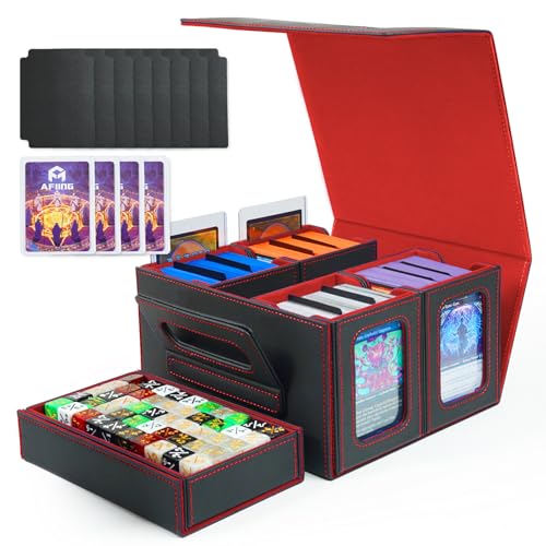 AFIING Commander Deck Box for MTG, Holds 400+ Double-Sleeved Cards, 4 Removable Deck Cases with Display Window, Dice Tray/Handle,Trading Card Storage Organizer/Dividers for TCG (Black Red) - color: Black Red