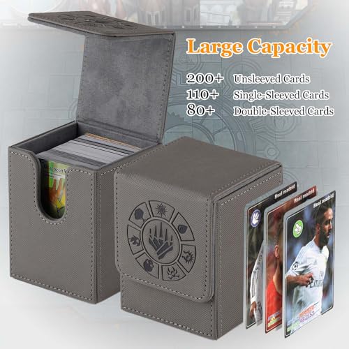 Arkeiliy Card Deck Box, 110+ Storage MTG Deck Box with 50 Pcs Card Sleeve, Collectible Trading Card Cases for Magic Commander and More (Grey) - color: Grey