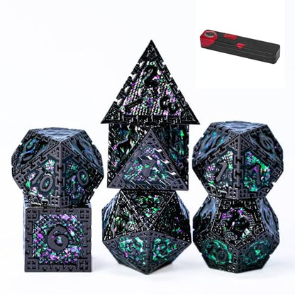 UDIXI Metal DND Dice Set D&D Polyhedral Dice Set for RPG (Green Sequins) | 7-Pieces, Dragon Carved, Chain-edge Design, Metal Gift Box, DM Gift, for Dungeons and Dragons Role Playing Games - color: Chain Frame-black With Green Sequins