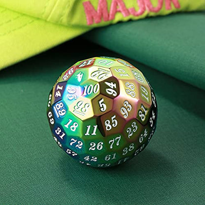 DNDND Rainbow D100 Metal Dice 50mm Single 100 Sided Polyhedral Dice with Metal Case and Velvet Pouch for Table Game(Rainbow with WhiteNumber) - color: Rainbow With White Number