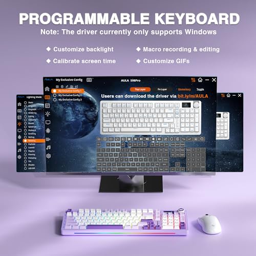 AULA S98 Pro Wireless Mechanical Keyboard with Screen & Knob, Tri-Mode Creamy Keyboard with Number Pad, Pre-lubed Linear Switches, Hot Swappable RGB Backlit Computer Gaming Keyboards for PC/Laptop - color: White&Purple