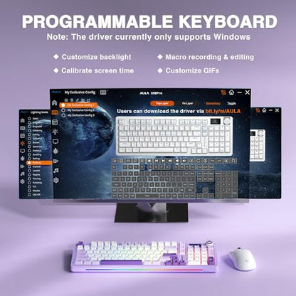 AULA S98 Pro Wireless Mechanical Keyboard with Screen & Knob, Tri-Mode Creamy Keyboard with Number Pad, Pre-lubed Linear Switches, Hot Swappable RGB Backlit Computer Gaming Keyboards for PC/Laptop - color: White&Purple