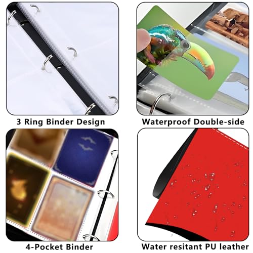 4 Pocket Trading Card Binder, Holds 400 Cards, PU Zipper Binder | PU leather cover, holds 400 cards, 50 removable pages, zipper closure, portable storage and protection. - color: Red, black and white