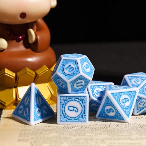 7PCs DND Dice Set, Unique Window Lattice Pattern D&D Dice Set with Leather Die Bag, Polyhedral Die for RPG Table Games (Blue/White) - color: Blue With White Edge